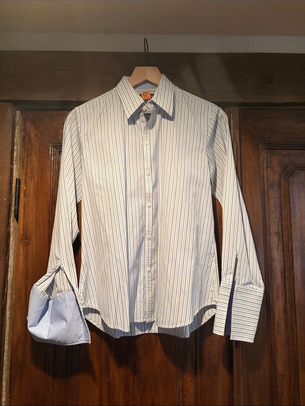 Ralph Lauren Women's White and Blue Striped Button-Down Shirt French cuffs
